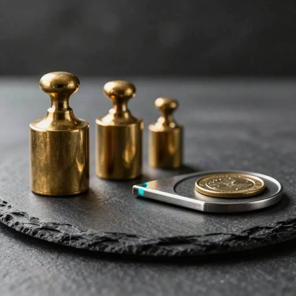 Brass accounting weights, steel clip and leather coin tray on dark slate, lit softly.