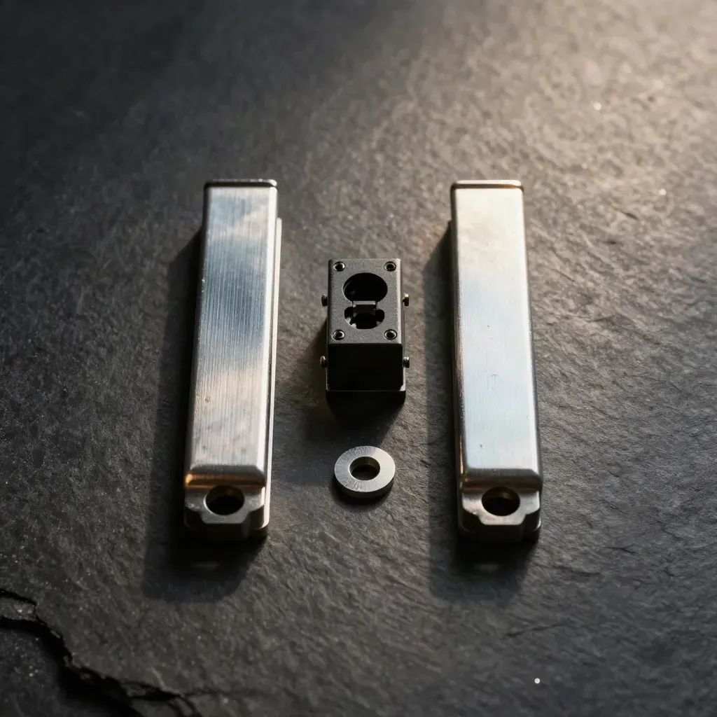 Rail-signaling clips, relay block, and gauge spacer on matte basalt in dramatic overhead light.