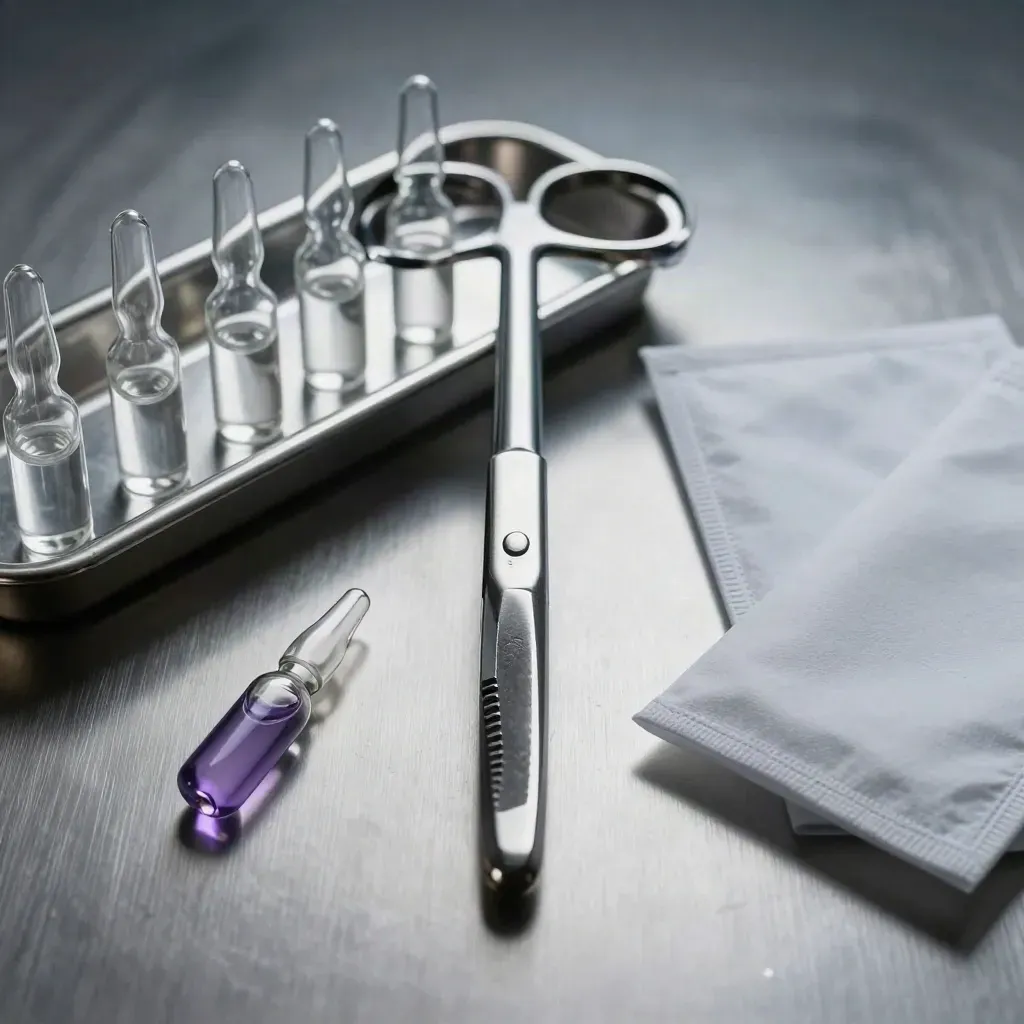 Heostat, ampoule tray and sterile pouch corners on brushed steel under cool rim light.