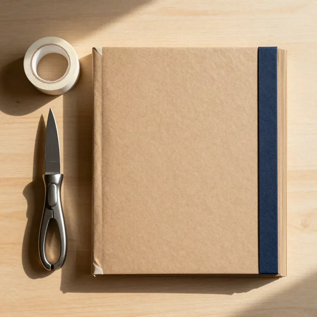 Top-down kraft packing materials on pale wood with cotton tape and seam tool.