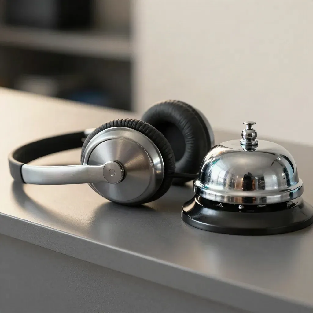 Silver support headset cradle and coiled lead beside a small desk bell on graphite stone.