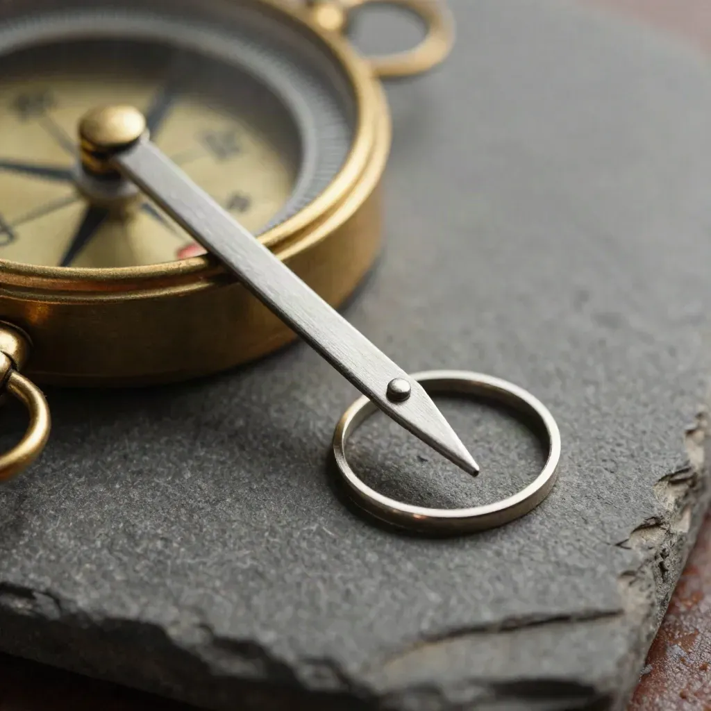 Brass compass, three metal markers, and a ring on dark stone in thin mist.