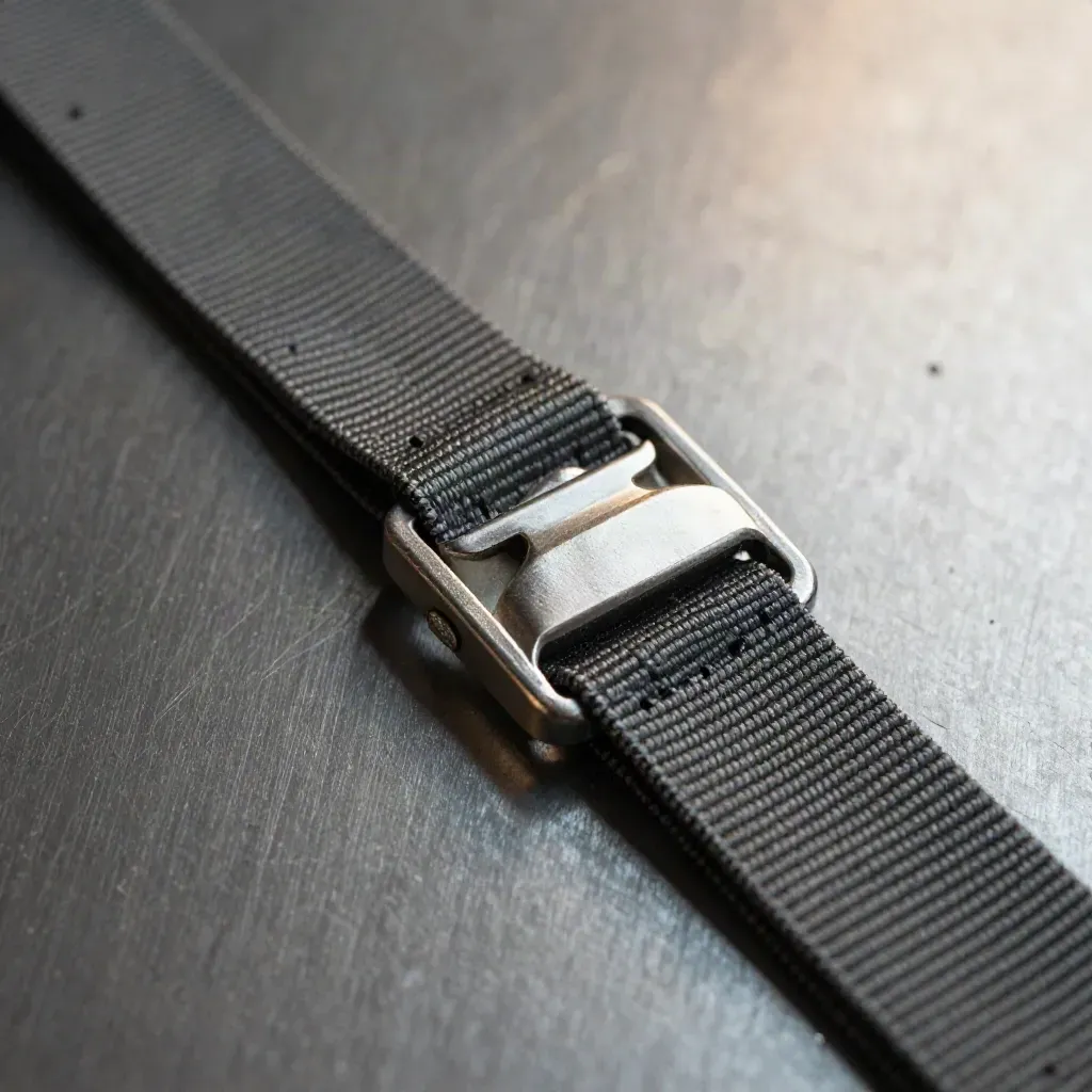 Cargo seal, ratchet buckle, and webbing strap on brushed metal in dramatic low-angle light.