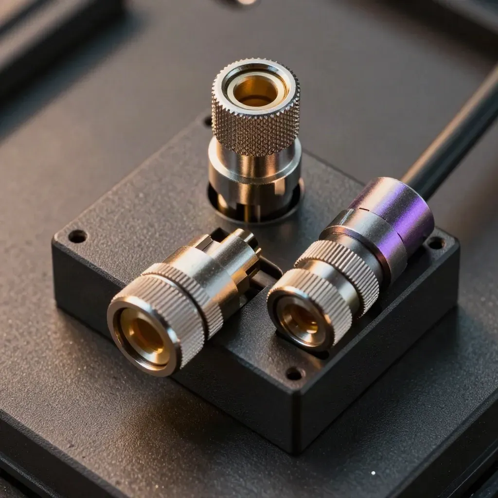 Top-down macro of cable couplers, relay block, and connectors on graphite