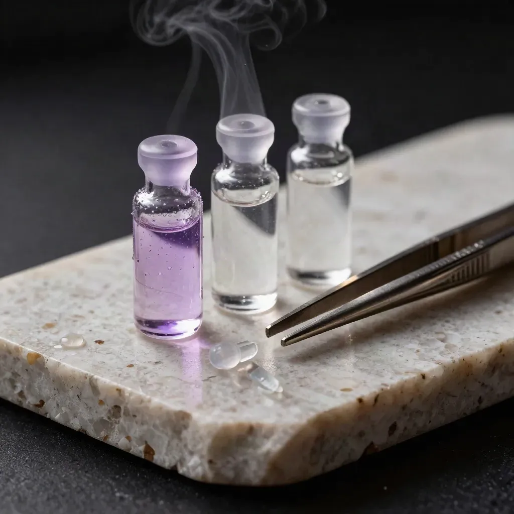 Three lab vials, pipette tips, and tweezers on travertine with cold vapor and violet glints