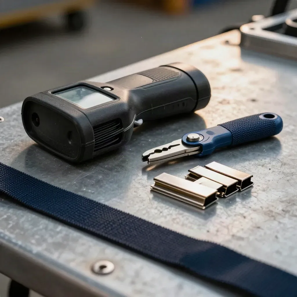 Macro still life of warehouse dispatch tools on a rugged table