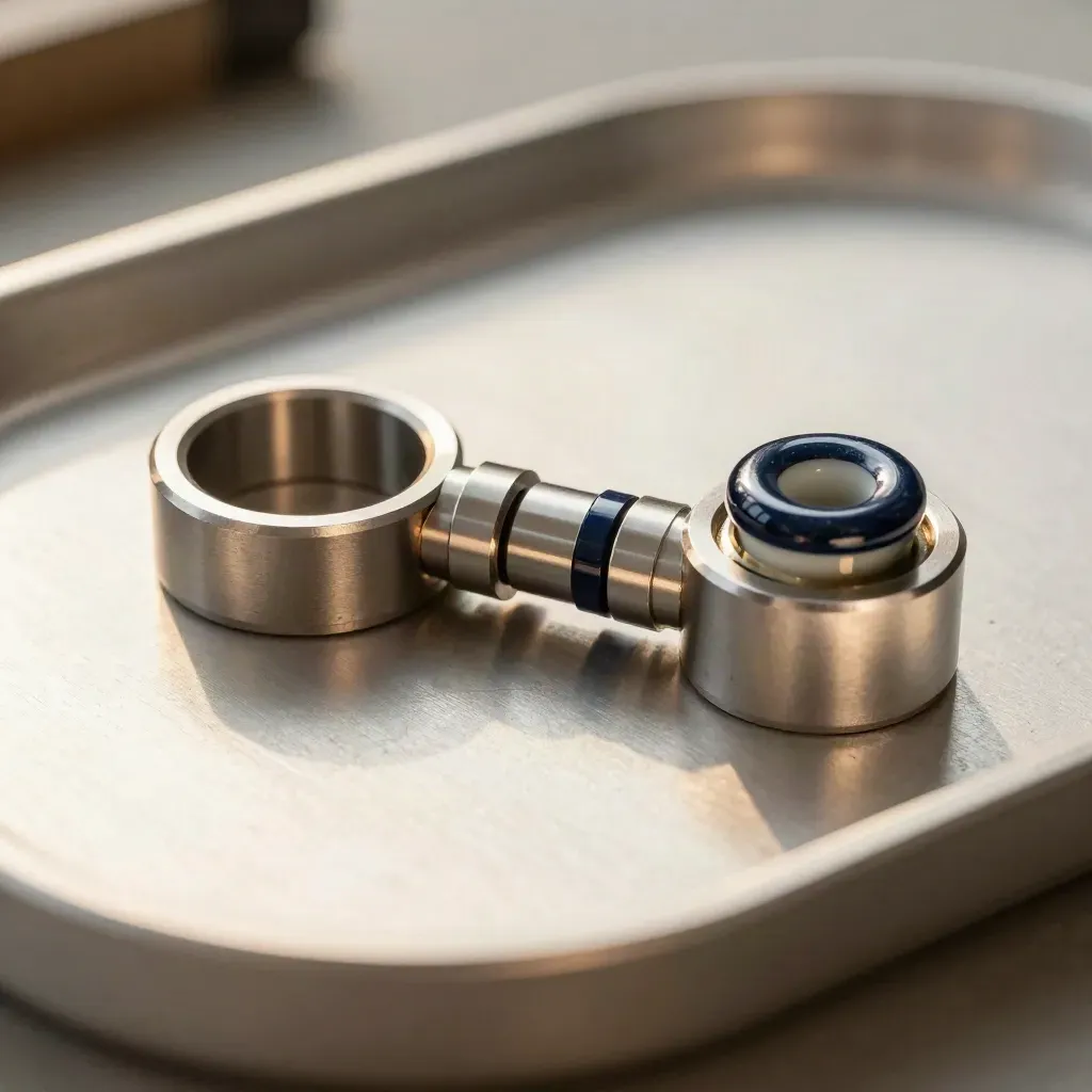 Top-down still life of fiber couplers, adapter rings, and a ceramic insulator on pale metal.