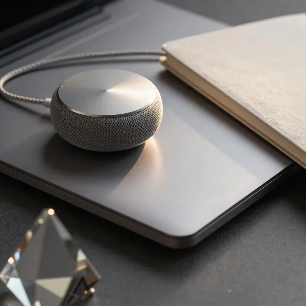 Brushed laptop shell, smart speaker puck, braided cable and notebook seen through glass