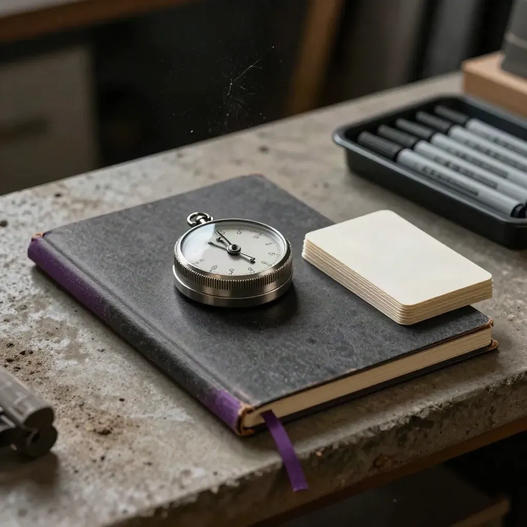 Workshop training still life with notebook, timer, flash cards and marker tray on concrete.