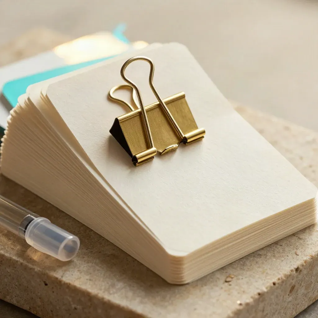 Macro still life of cue cards, brass clip, pen cap and paperweight on warm stone