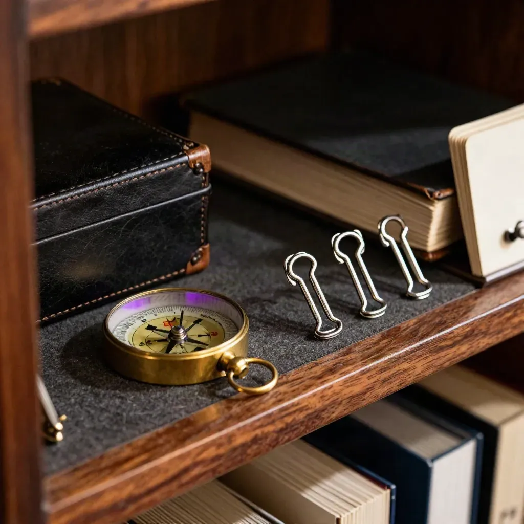 Brass compass, ledger box and filing clips on walnut with a soft violet sheen.