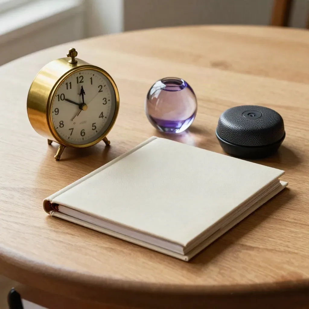 Brass clock, closed binder, glass paperweight, and speaker puck on pale wood, seen through a blurred rail.