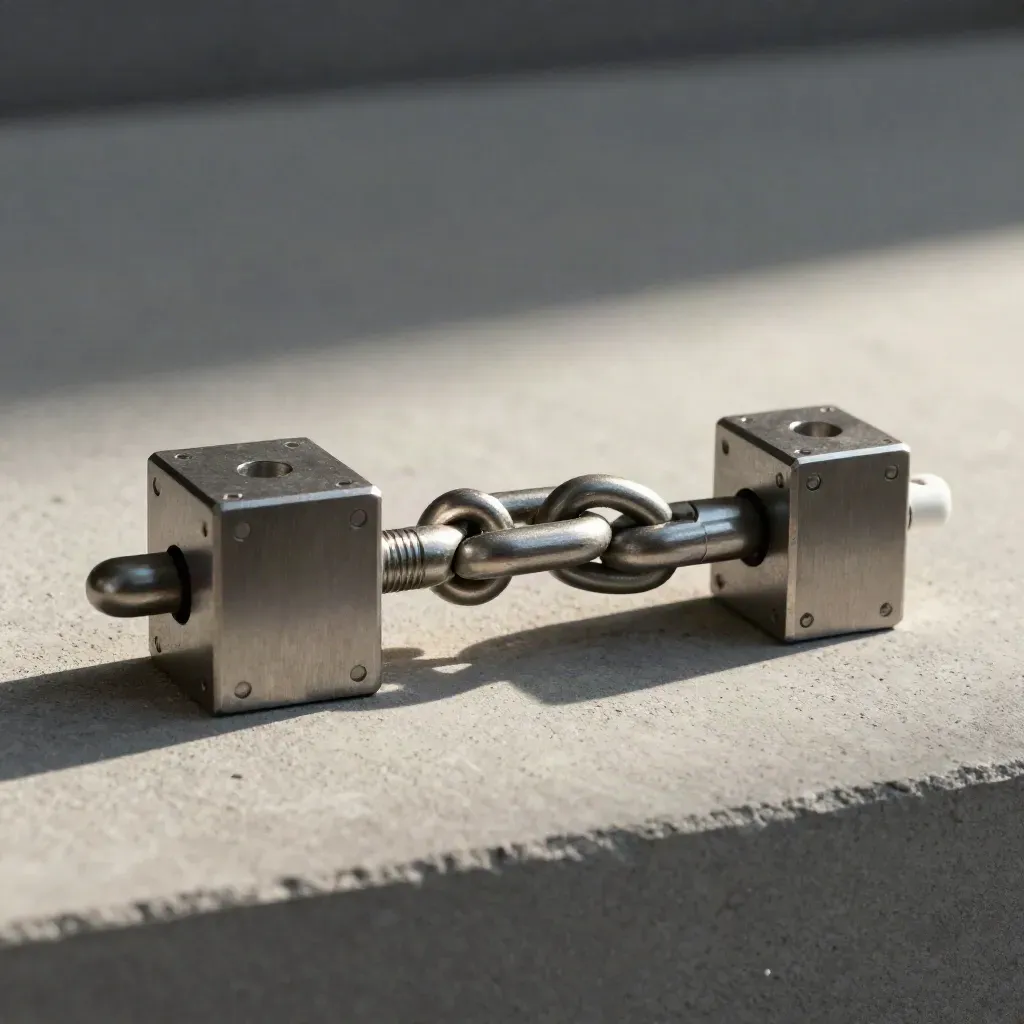 Steel rings and modular couplers aligned on concrete under dramatic studio light.