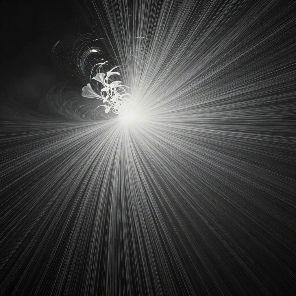 Abstract silver light filaments converging into a soft bloom in dark haze