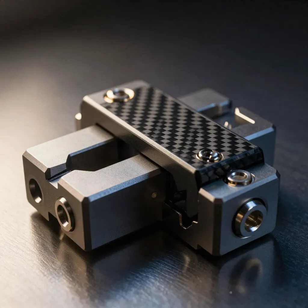 Macro of machined brackets, hex spacers and carbon-fibre on brushed metal