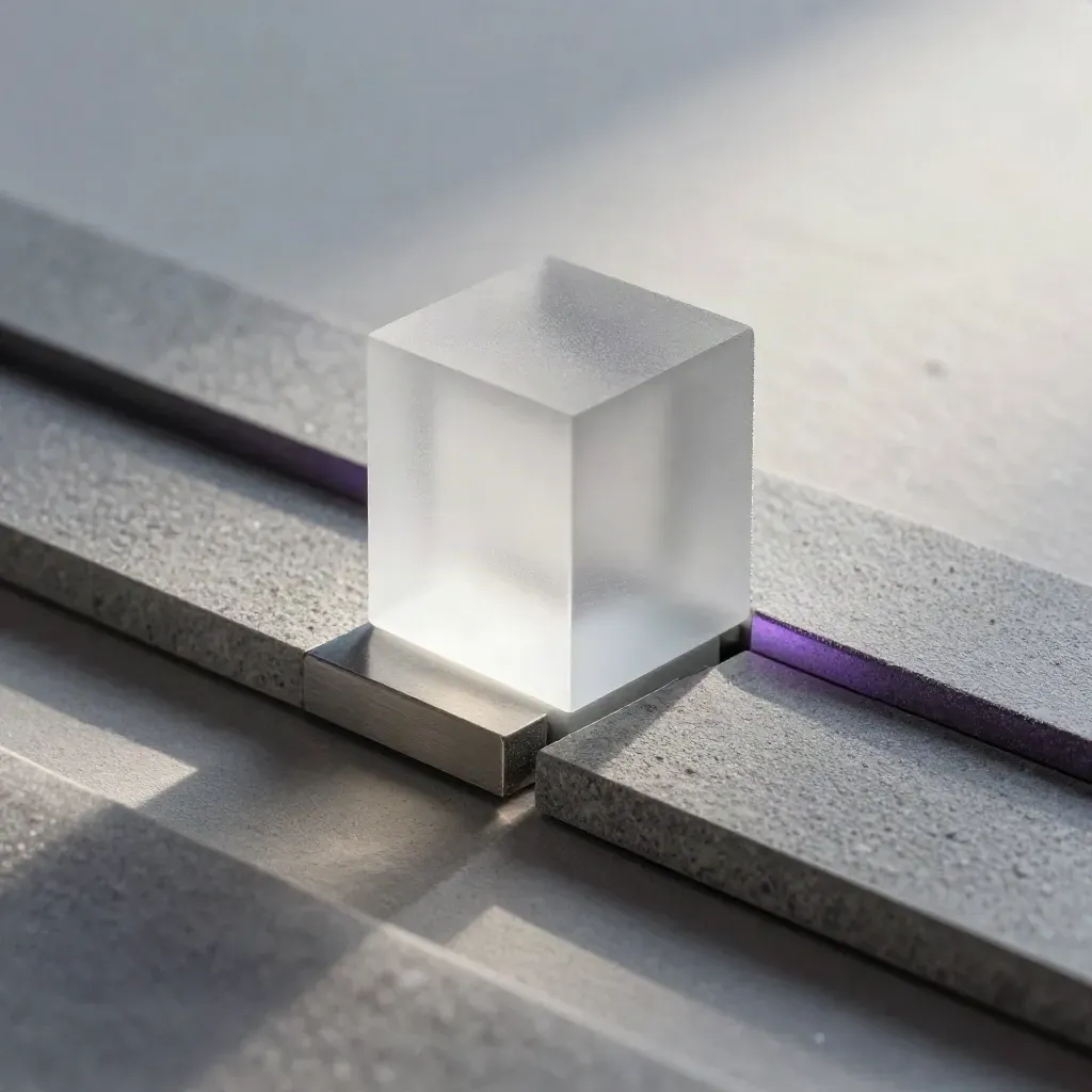 Frosted glass cube, slate tiles, and magnetic clip rail in a calm macro still life on matte plaster.